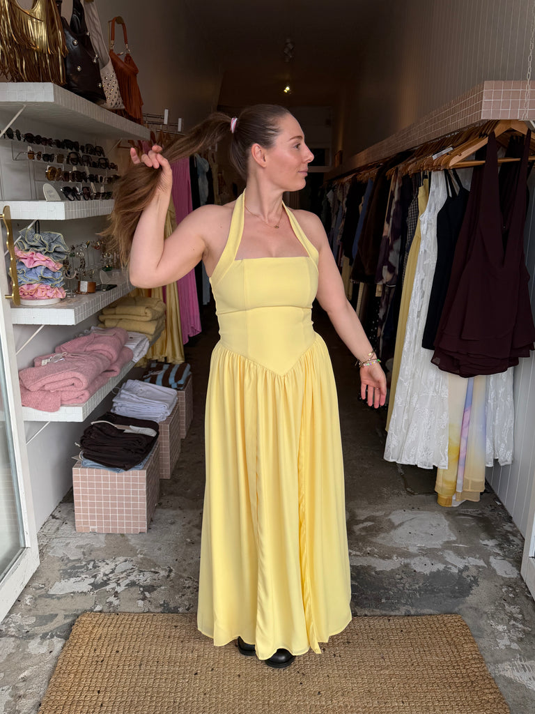 yellow dress in store WAYF Women's Katherine Bubble Hem Dress, Yellow, XS at Amazon Women's Clothing Flattering Fit Yellow Sleeveless Bubble Hem Dress